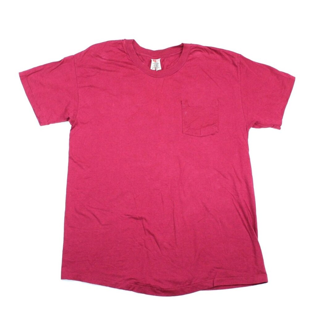 Vintage 80s 90s Hanes Mens Large 42-44 Red Pocket Single Stitch TShirt USA 50/50